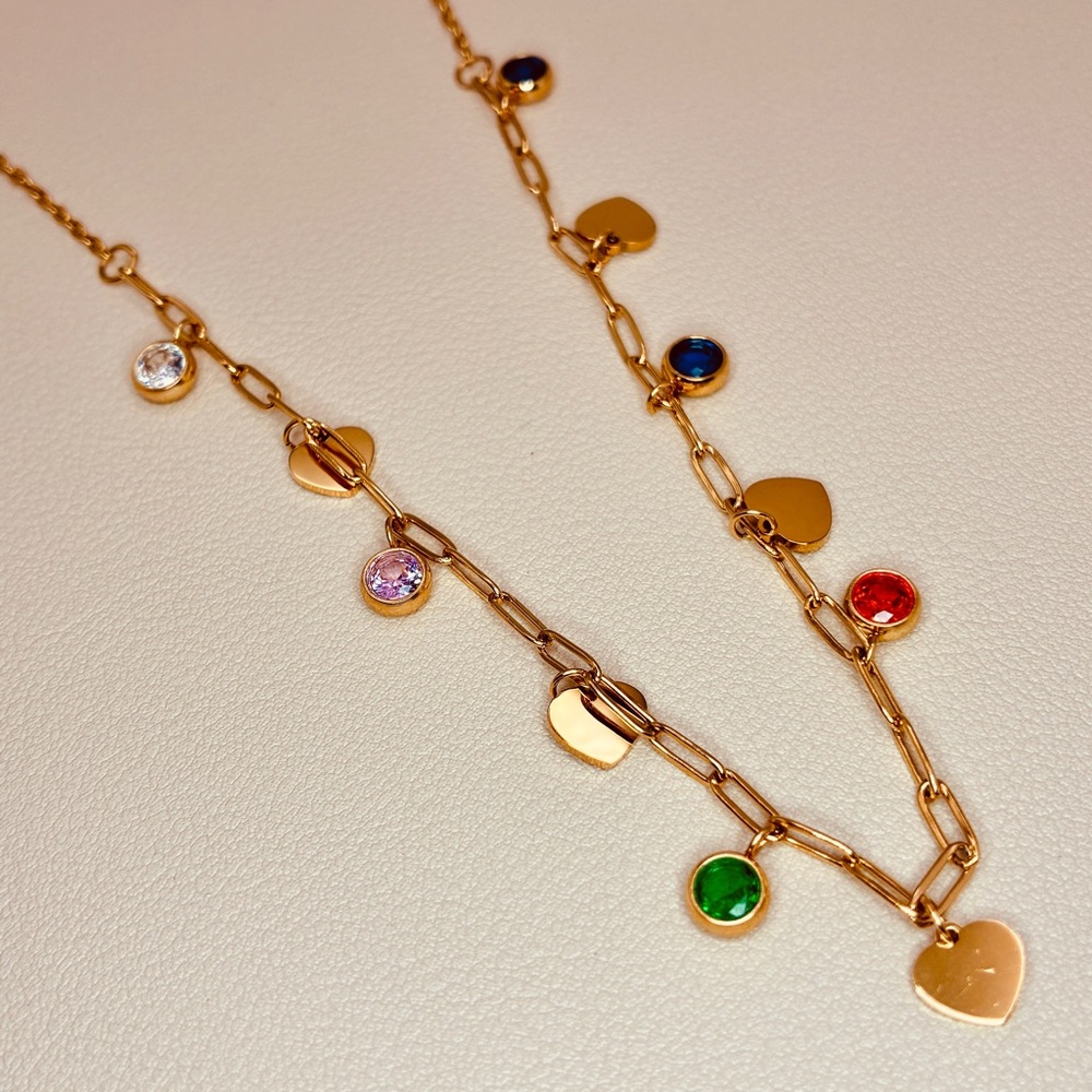 Free People Gold Paper Clip Necklace with Multicolor Crystals & Hearts Charms - Picture 3 of 8